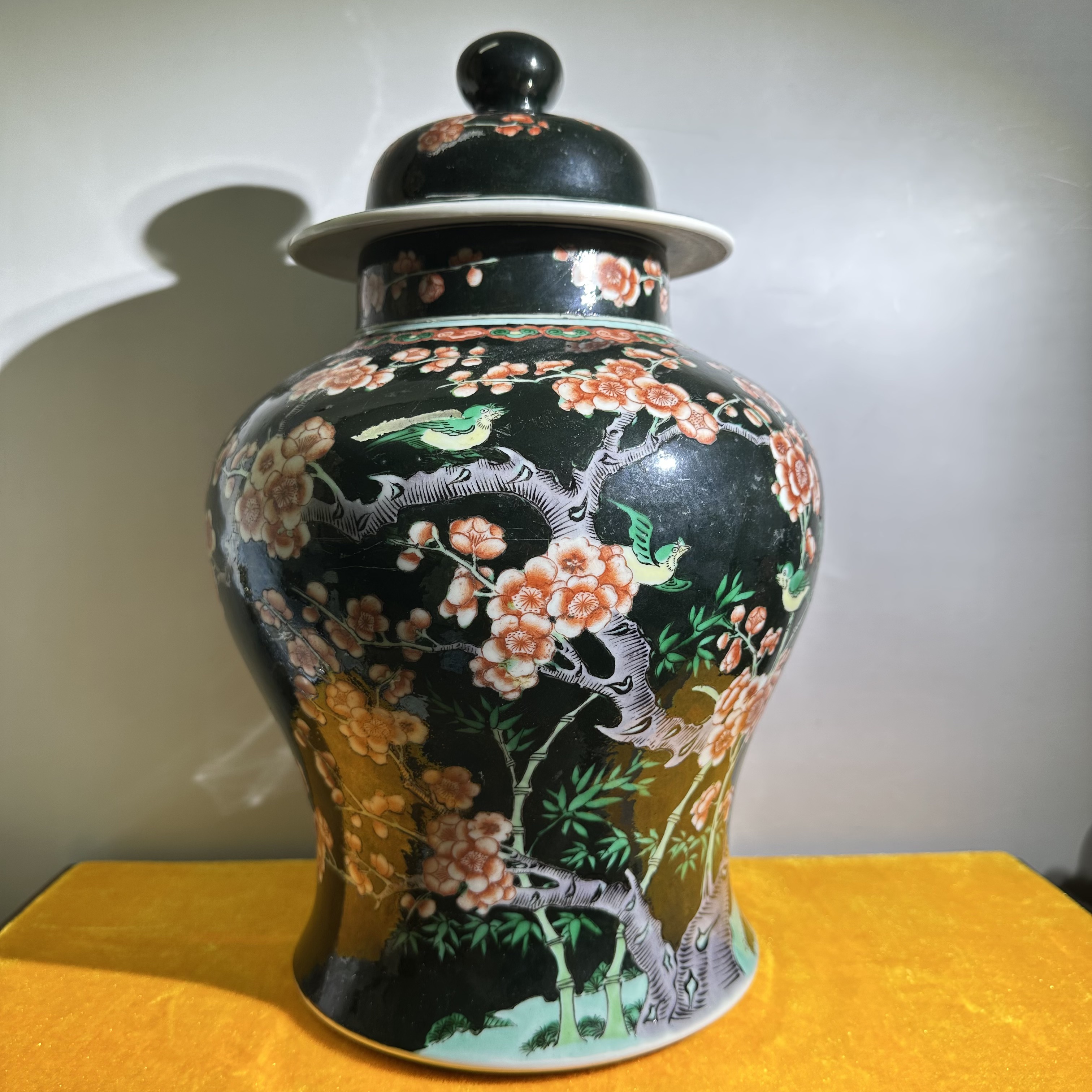 清光绪/墨地粉彩花鸟将军罐/极美82/C1102006/朝阳文物