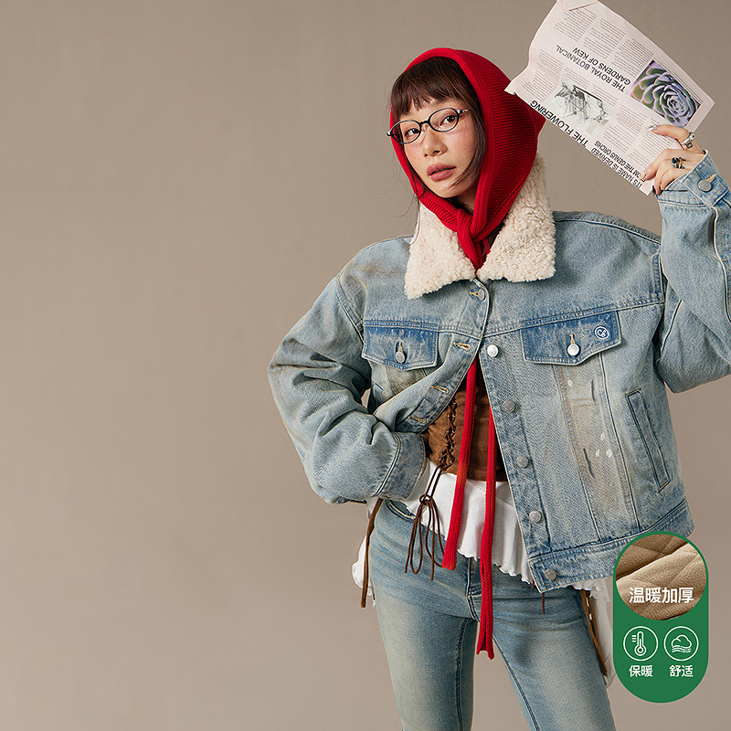 CHUU冬季女装翻领仿羊羔毛设计加绒百搭韩系校园风牛仔棉服