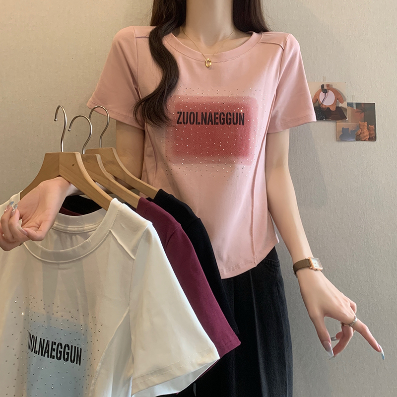 J胖妹妹大码2025夏季新款重工烫钻百搭气质短袖T恤女宽松显瘦上衣