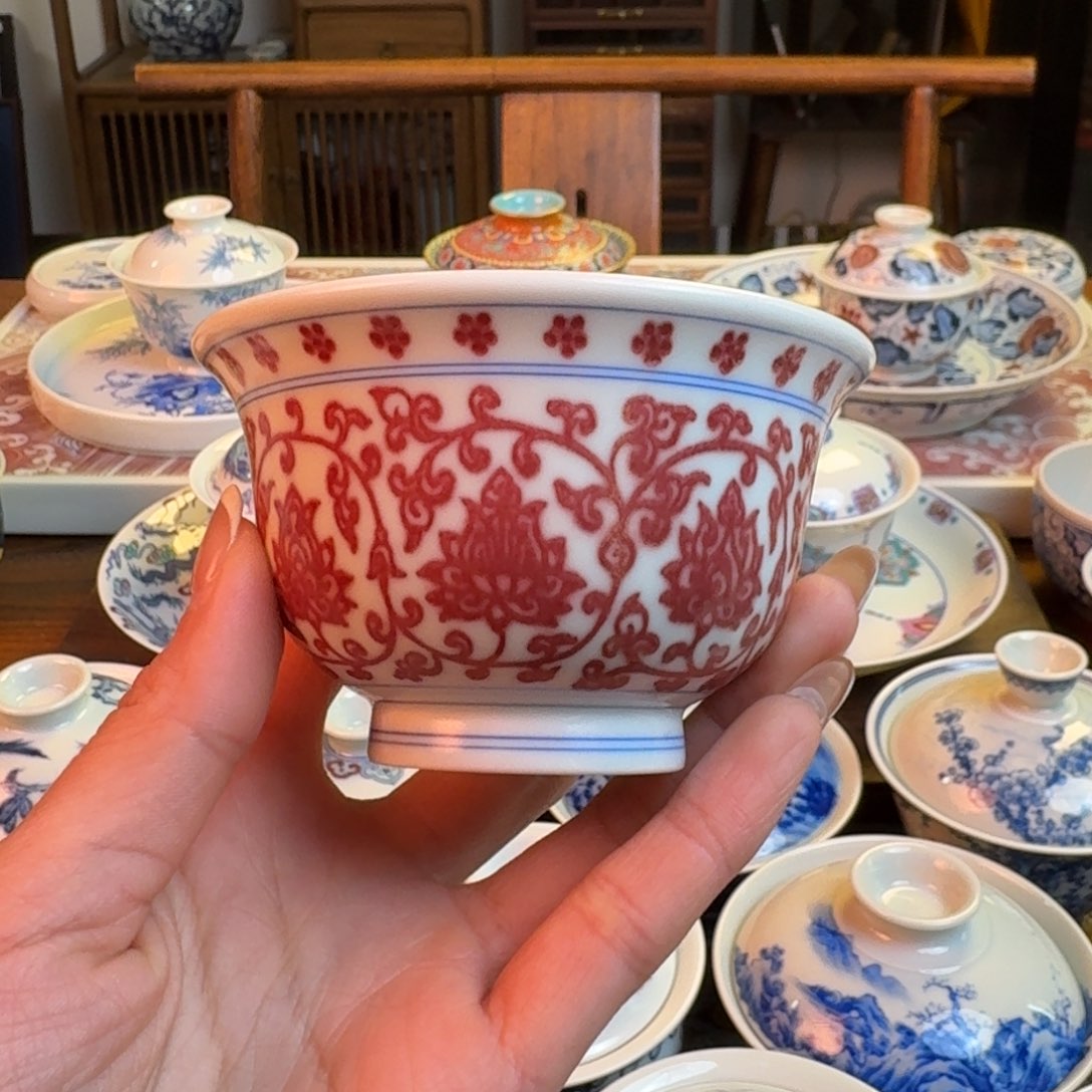 杯重工釉里红压手杯纯手绘