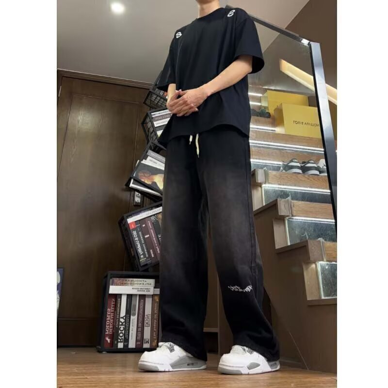 8036春秋季宽松直筒牛仔裤男女嘻哈ins高街百搭休闲长裤ins