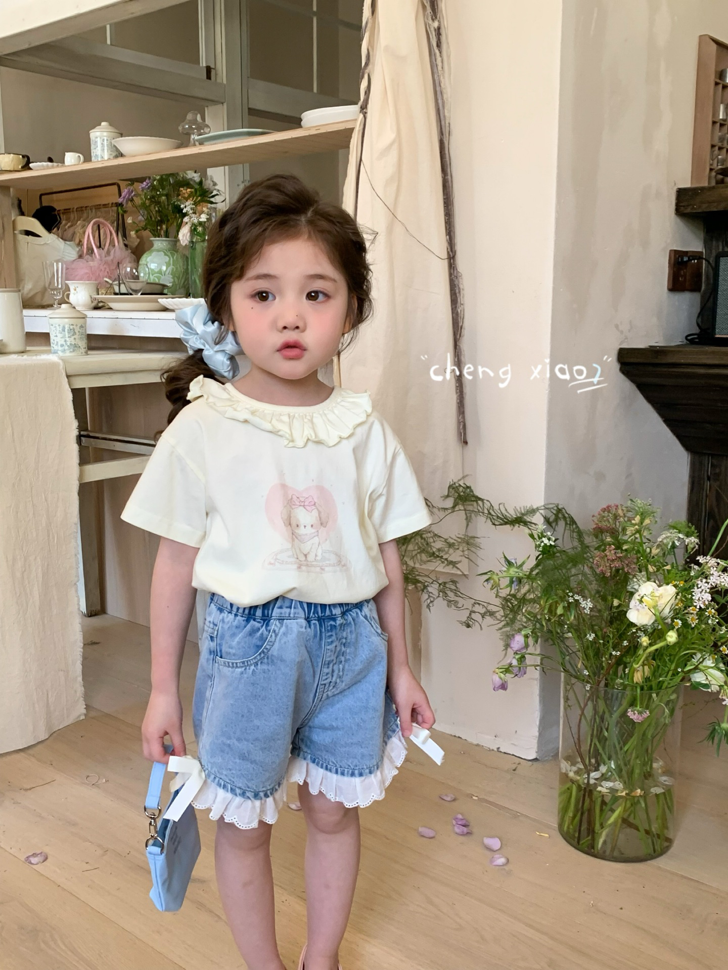 【橙小七】2025夏款新款女童韩版可爱蕾丝花边蝴蝶结牛仔裤