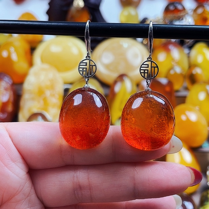 琥珀戒指银S925镶嵌耳环