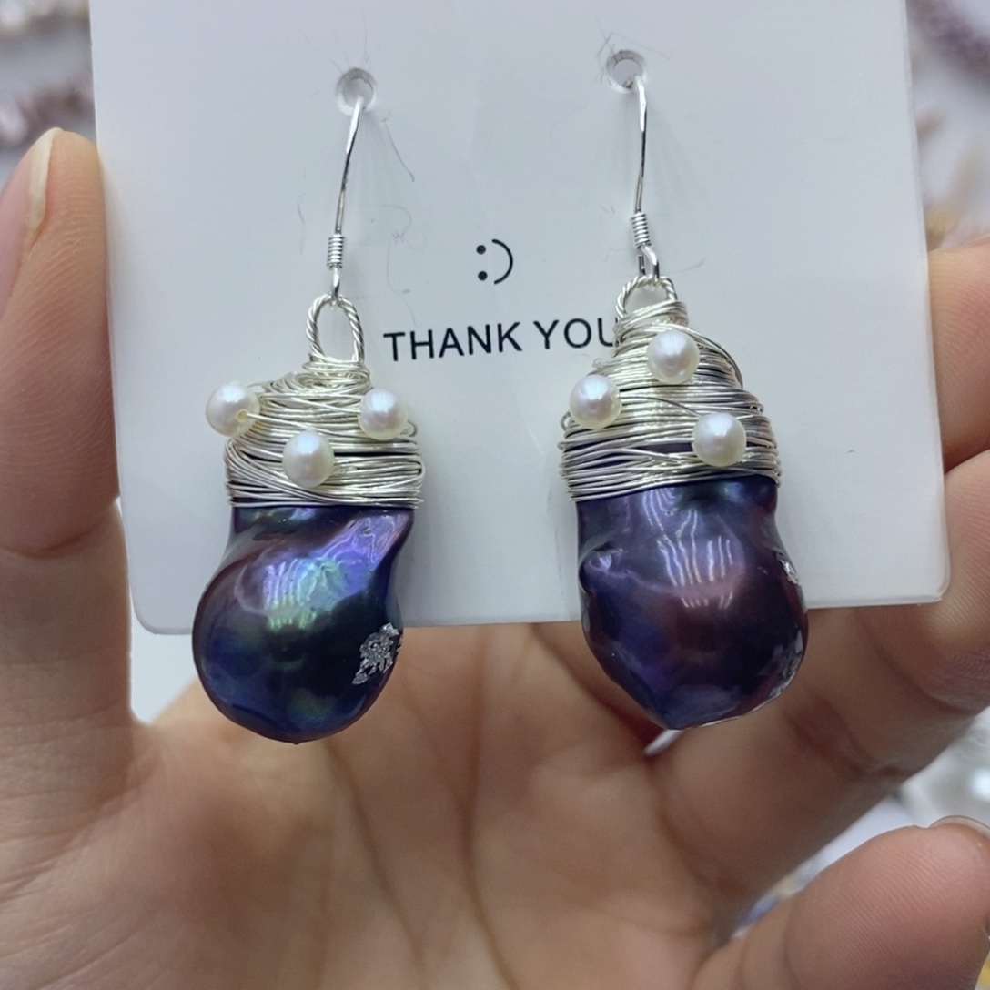 耳饰银S925镶嵌淡水珍珠