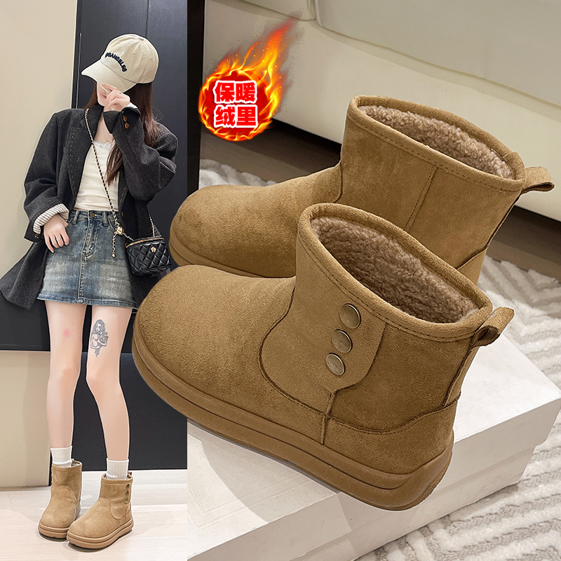 2025冬季新款磨砂百搭丑萌大头雪地靴女平底加绒保暖休闲复古棉靴