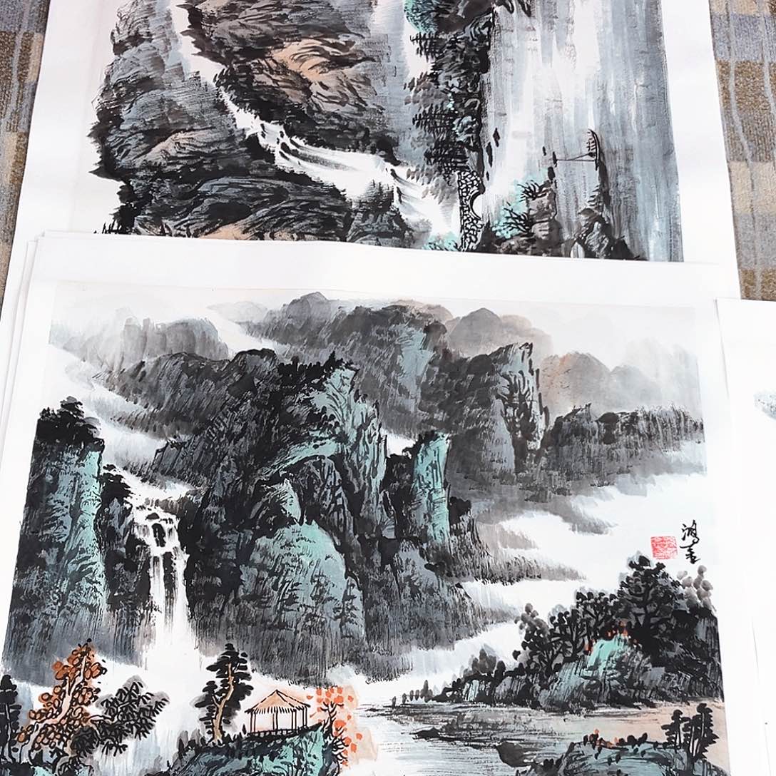 花***贵国画孙鸿金老师四尺斗方山水奇