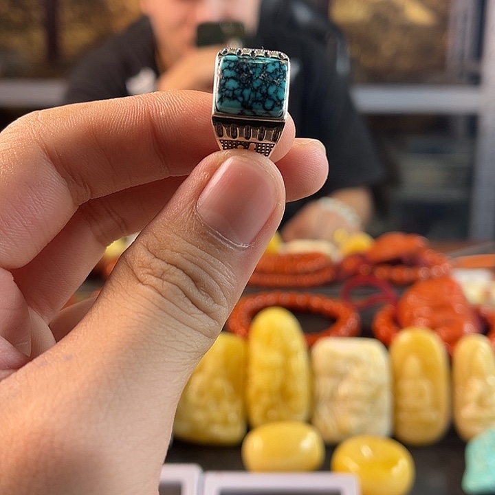 绿松石戒指银S925镶嵌7*绿松戒指