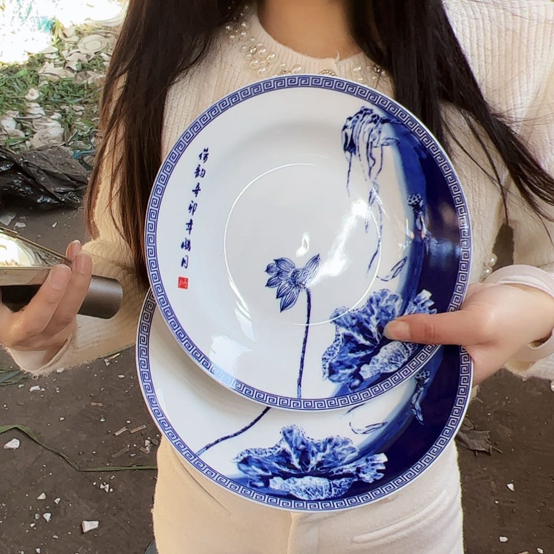 摆件陶景德镇陶瓷荷韵8寸盘2个
