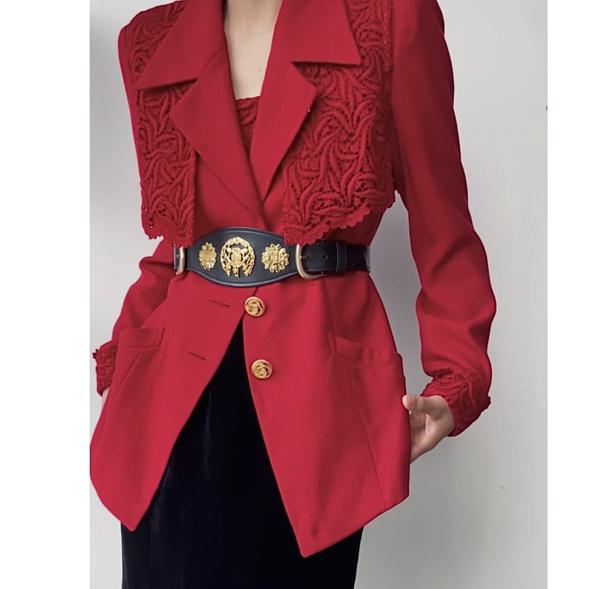 古着Vintage｜JR红色拼接水溶蕾丝精品短款女士高级感外套