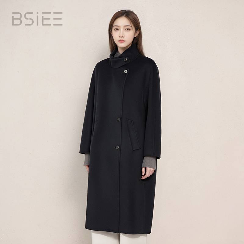 BSIEE立领设计感大衣外套韩范单排扣驼绒宽松毛呢纯色气质羊绒
