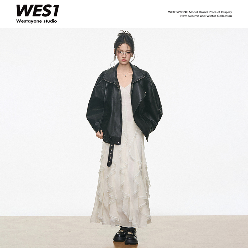 9.3新品 WESTAYONE设计高级感皮衣外套女黑色棕色+连衣裙两件套