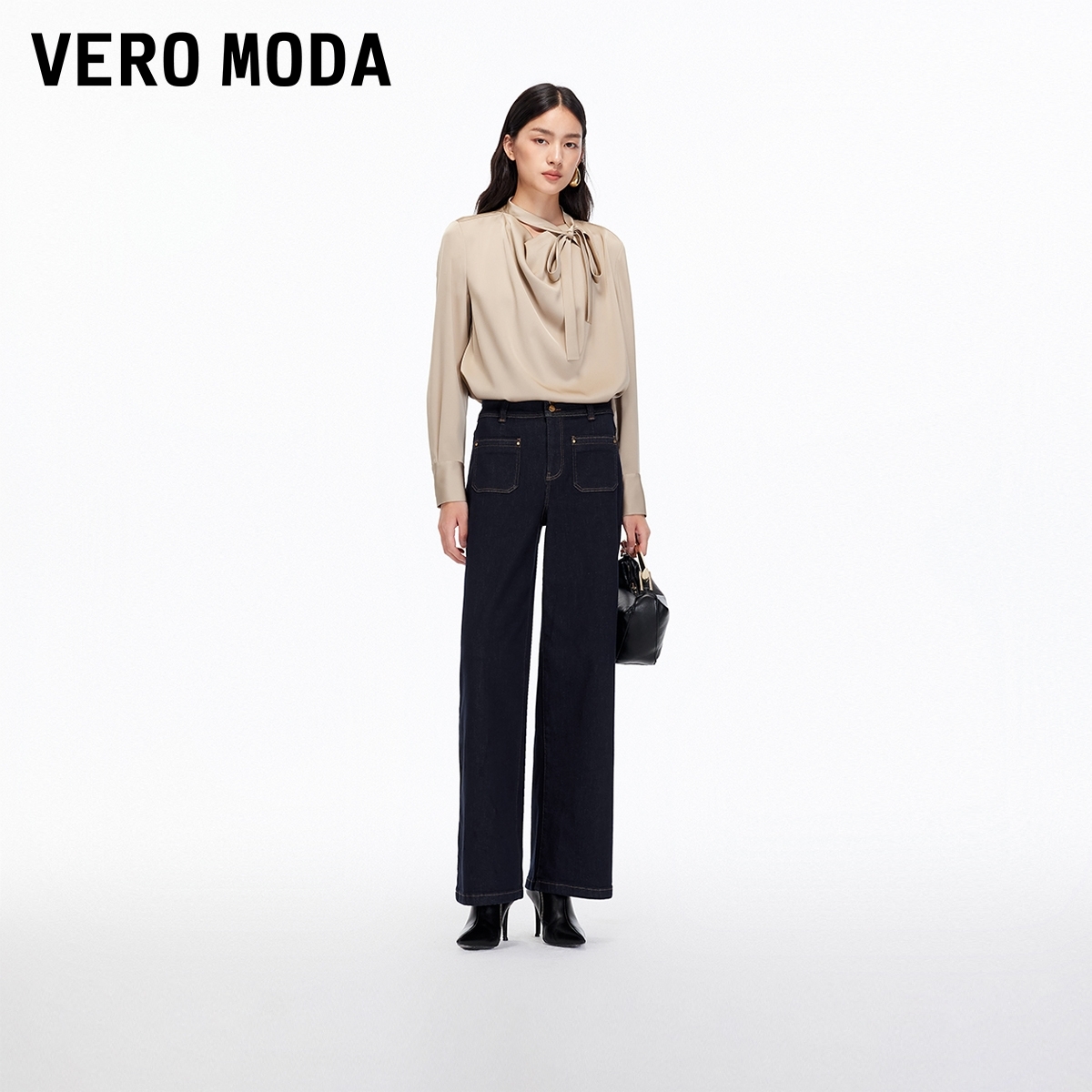 Vero Moda牛仔裤2025冬季新款含棉撞色明线高腰直筒裤出游服装女