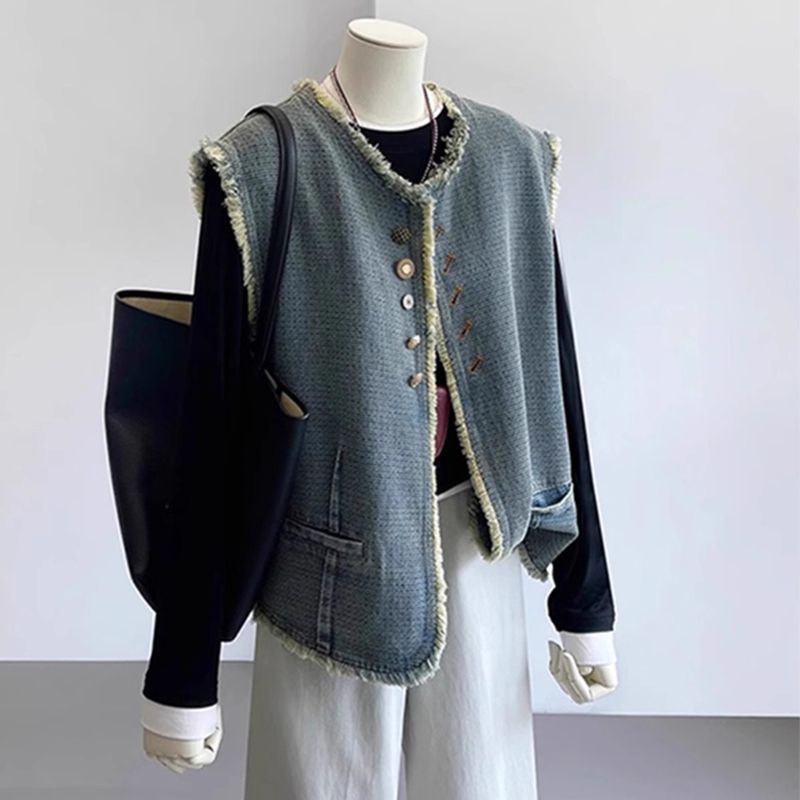 复古毛边牛仔马甲外套女秋2025新款时髦洋气宽松无袖坎肩背心马夹