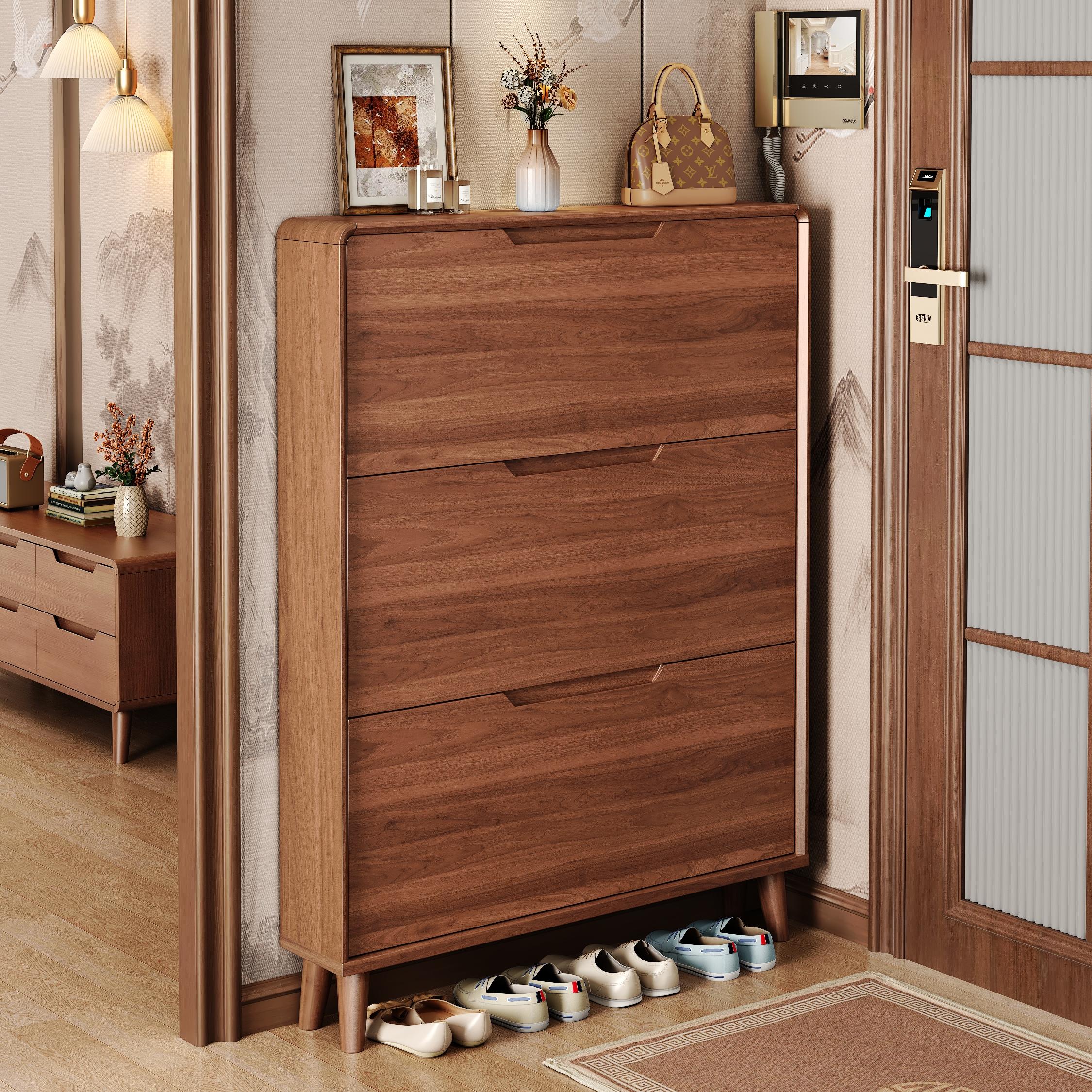 新中式超薄翻斗鞋柜家用门口门外楼道一体靠墙入户实木色简易鞋架