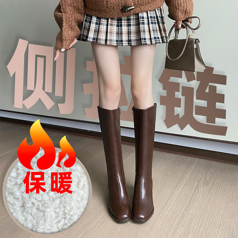 Koee/7cm/新款秋冬长筒靴粗跟百搭加绒时装靴复古骑士真皮长靴女