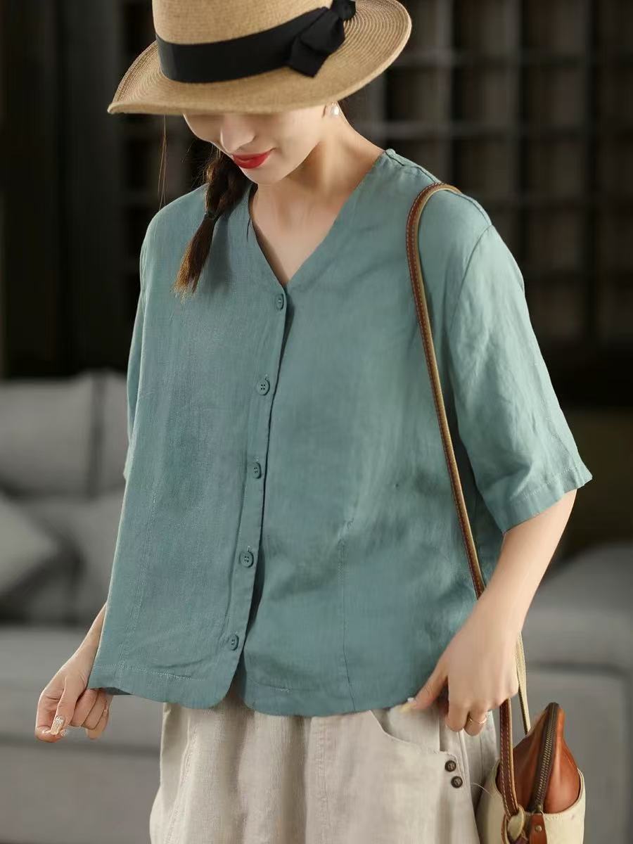 908新款汉麻V领开扣上衣