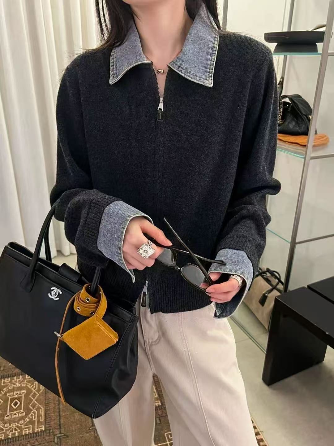 9459-3662 保暖拼接翻领慵懒风休闲针织衫开衫