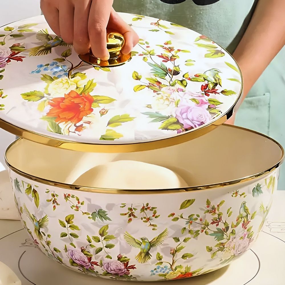 【搪小厨】29cm海马盆花鸟搪瓷海马盆带盖汤盆火锅盆洗菜盆和面盆