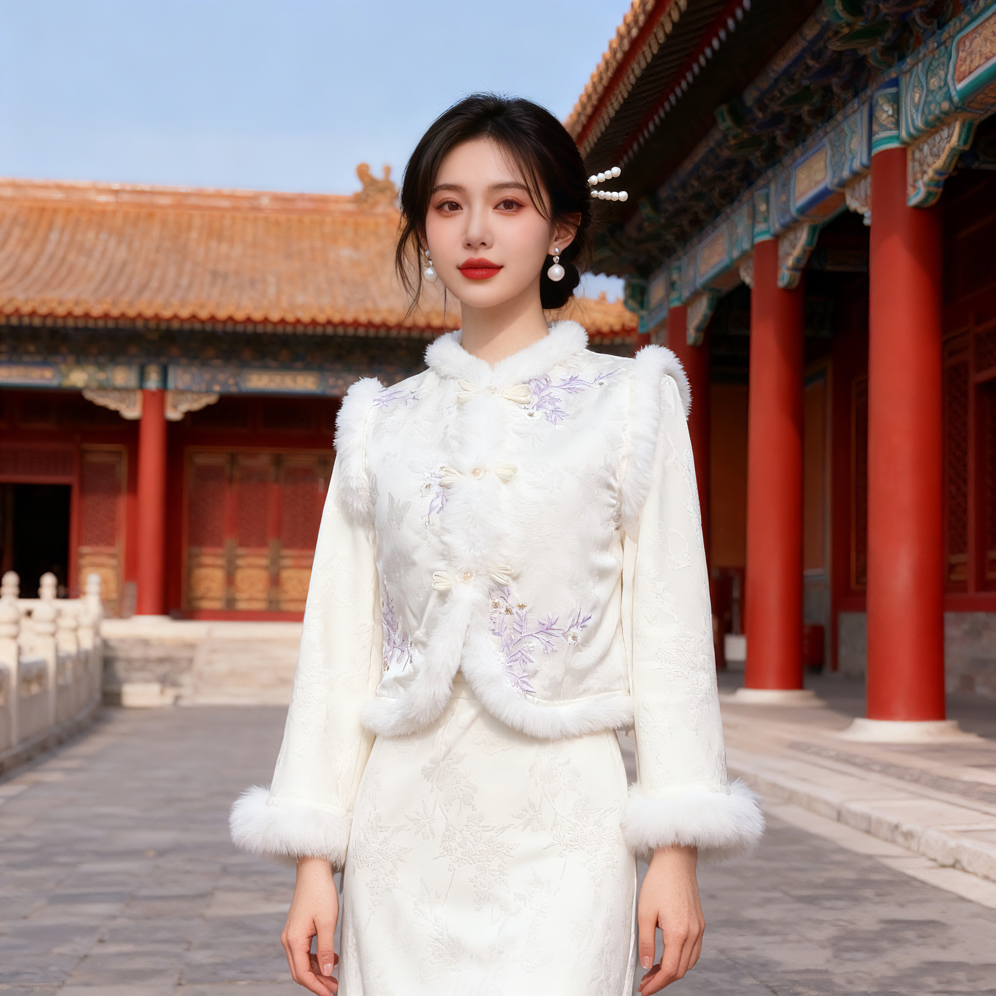 V-3385 紫梅 锦缎绣花 冬款加绒加厚年轻改良旗袍马甲【单独马甲】