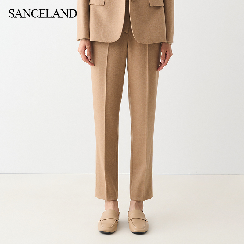 三石一澜冬季通勤秋季休闲风修身时尚九分裤驼色休闲裤SG42102076