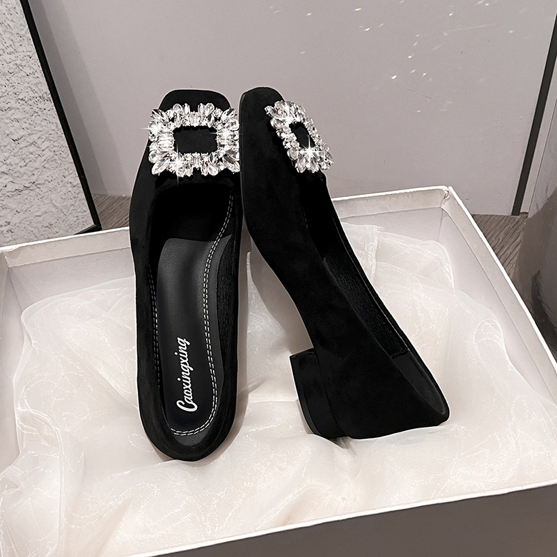 新款方头水钻工作鞋秋冬新款舒适软底轻奢女鞋气质百搭方扣单鞋