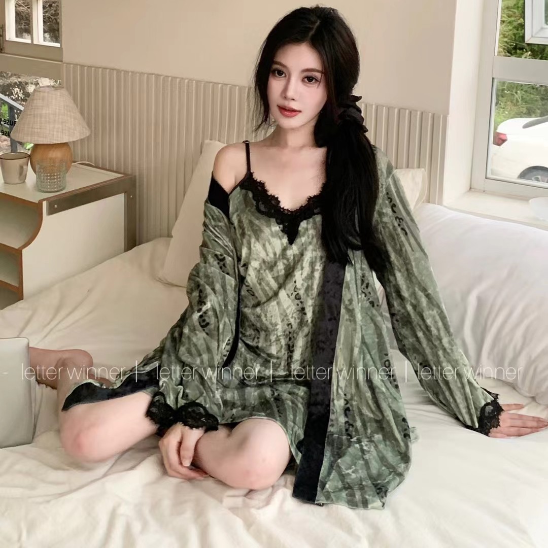 女士金钻绒金丝绒睡衣吊带睡袍性感睡裙纯欲风高级感家居服套装