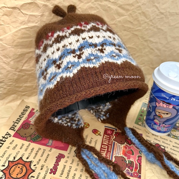 咖色费尔岛针织帽帽子女护耳保暖小毛线帽F114