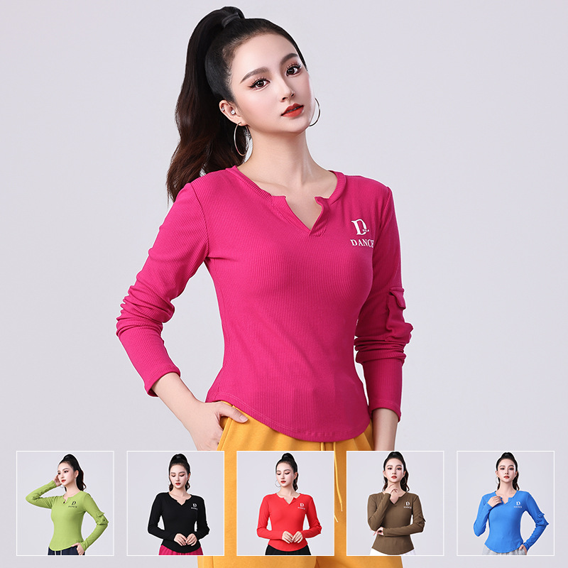 广场舞新款上衣秋冬休闲加厚V领t恤团队健身运动跳舞蹈长袖t恤女
