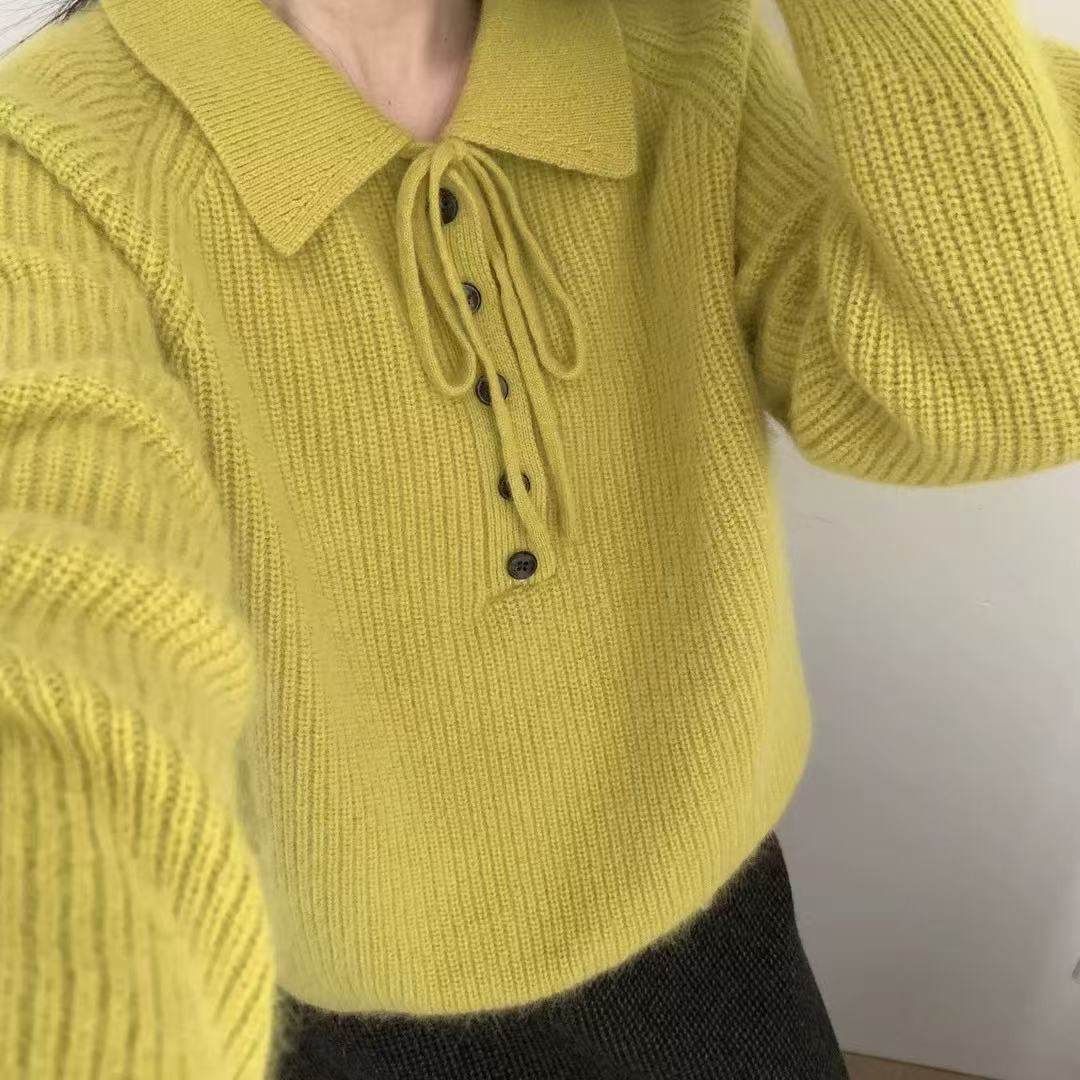 K2474  秋波印月 翻领Polo系带半扣针织毛衣套头女