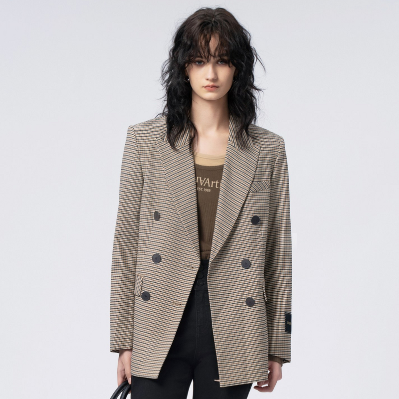 U/TI 英伦风复古格纹格纹复古双排扣通勤春秋百搭女生西装外套