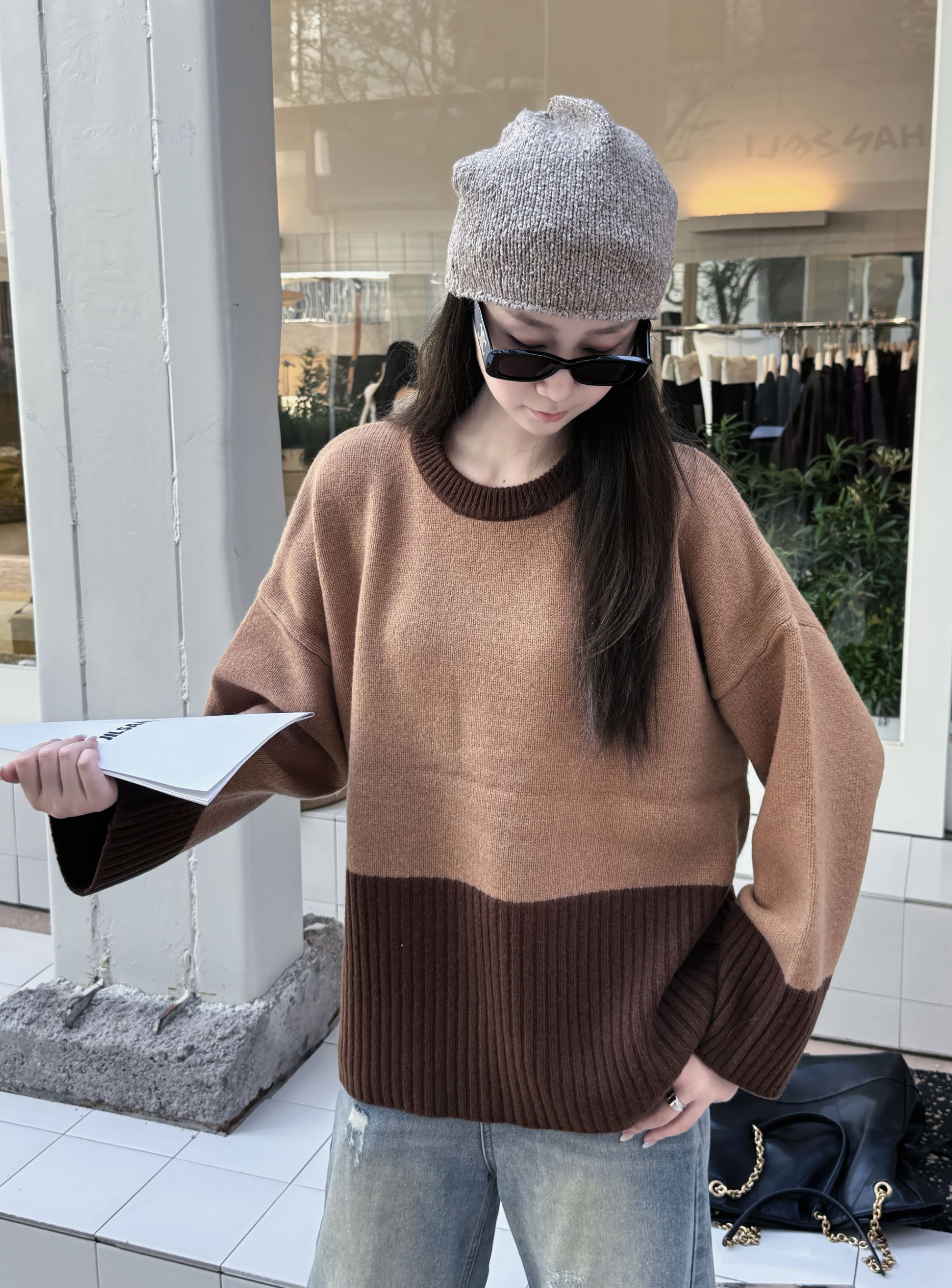 【反季清仓】100%绵羊毛 圆领拼色套头宽松针织羊毛衫女