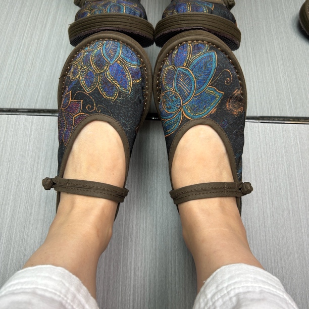 花螺 盘扣春夏复古一字扣缎面提花单布鞋软底妈妈鞋风鞋子