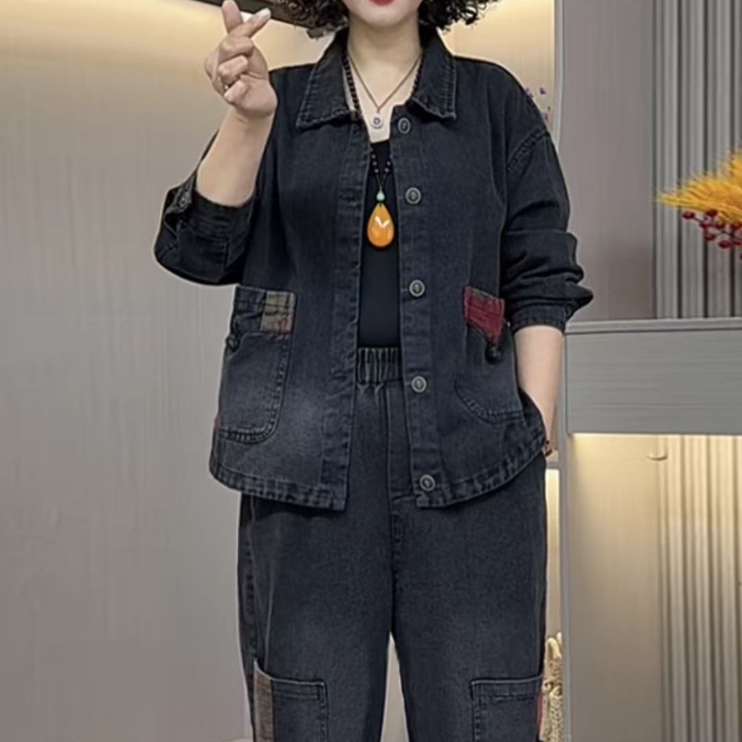 秋季新款水洗软牛仔妈妈装宽松显瘦遮肉文艺风格010