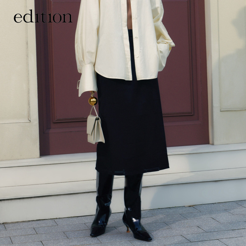 edition开衩半裙秋高腰显瘦小黑裙#EBB3SKT021