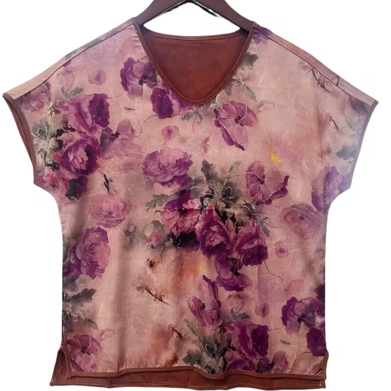 新款圆领短袖T恤时尚印花遮肚显瘦打底衫百搭双面穿女士上衣8887