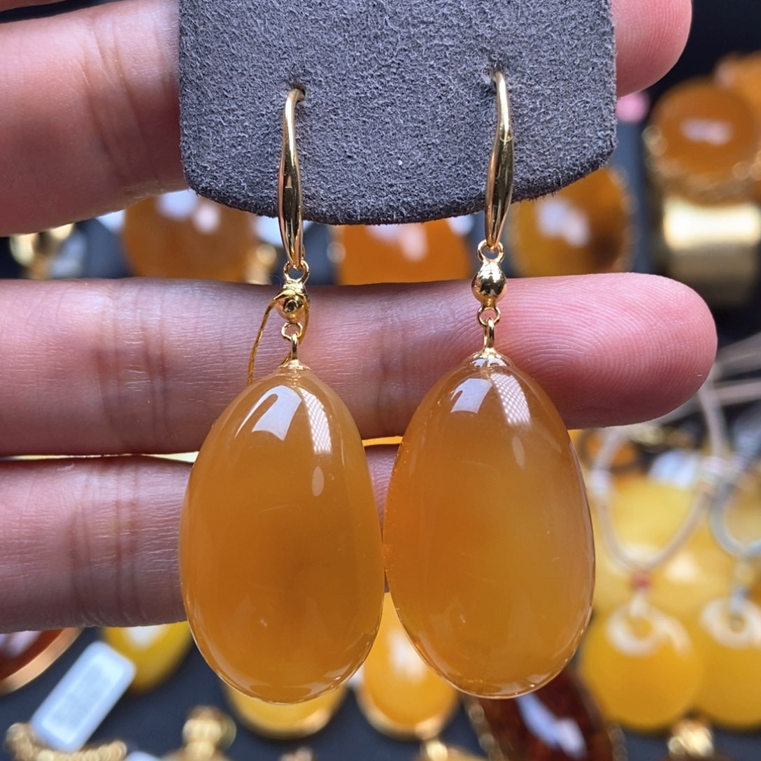 琥珀耳饰银S925镀金镶嵌