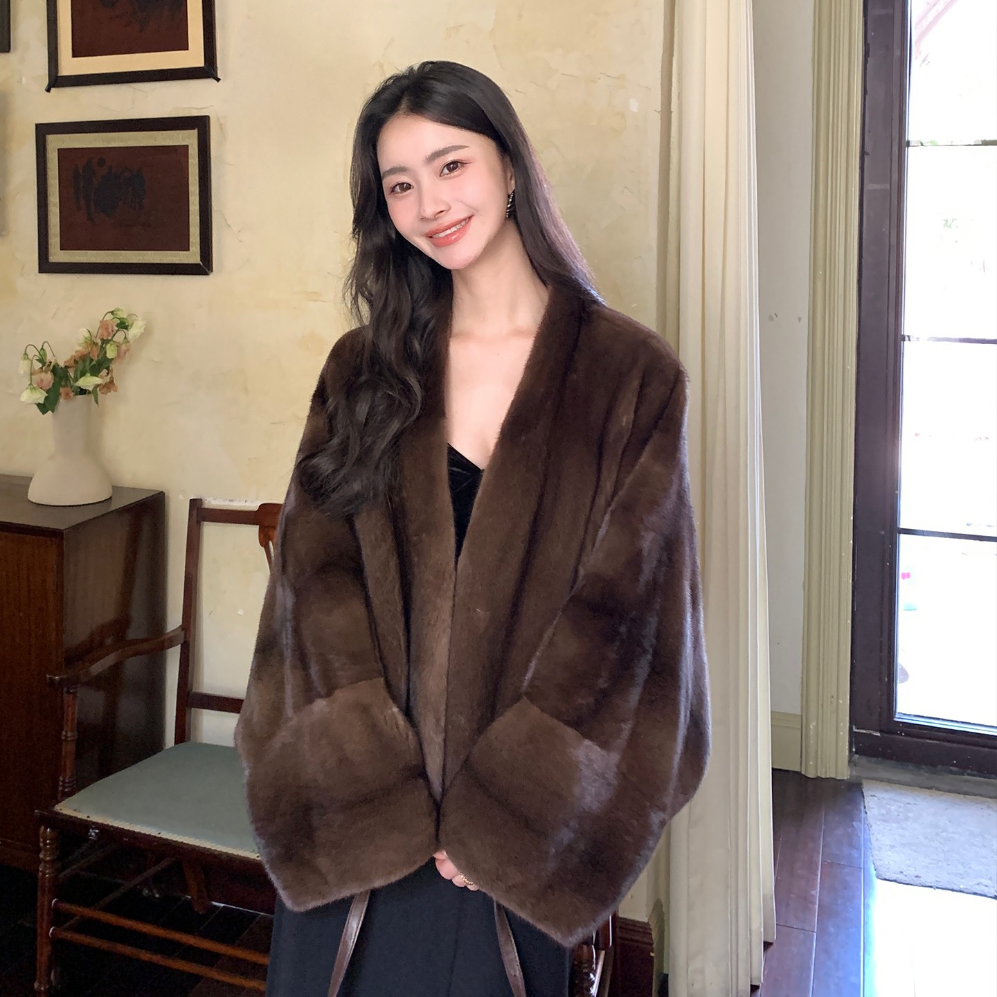 淇淇家 巴黎时尚曲 进口水貂皮草天鹅绒整貂宽松蝙蝠袖冬季外套女