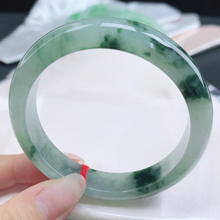 翡翠未镶嵌手镯缅甸57.6冰润飘深花正圈