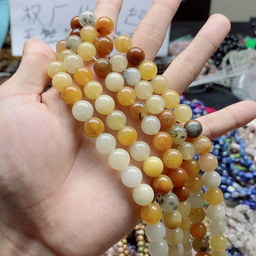 玛瑙/玉髓未镶嵌珠宝半成品一条天然10mm金丝玉圆珠E59