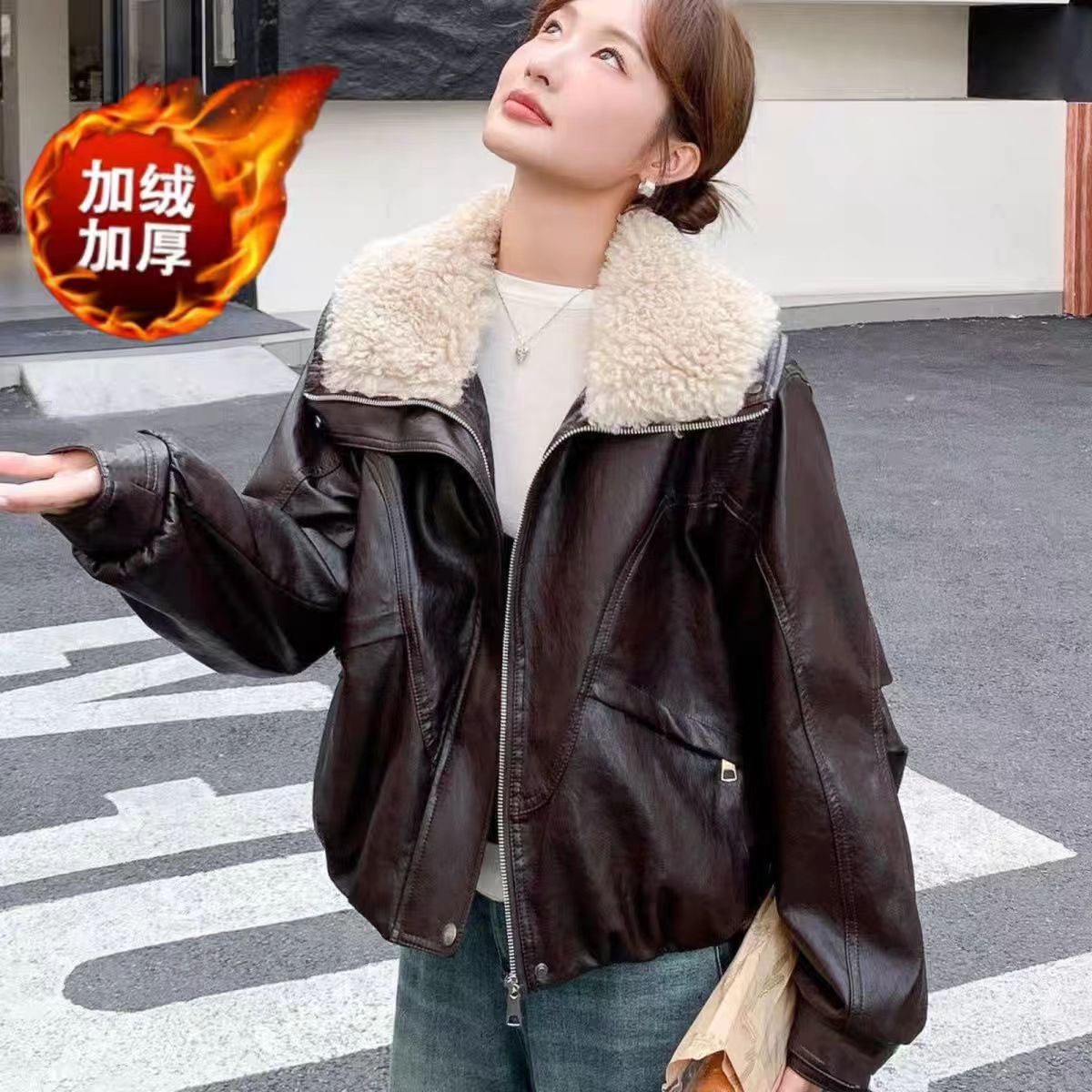 冬季新款皮衣外套女士大毛领可卸短款加绒保暖显瘦休闲百搭皮夹克