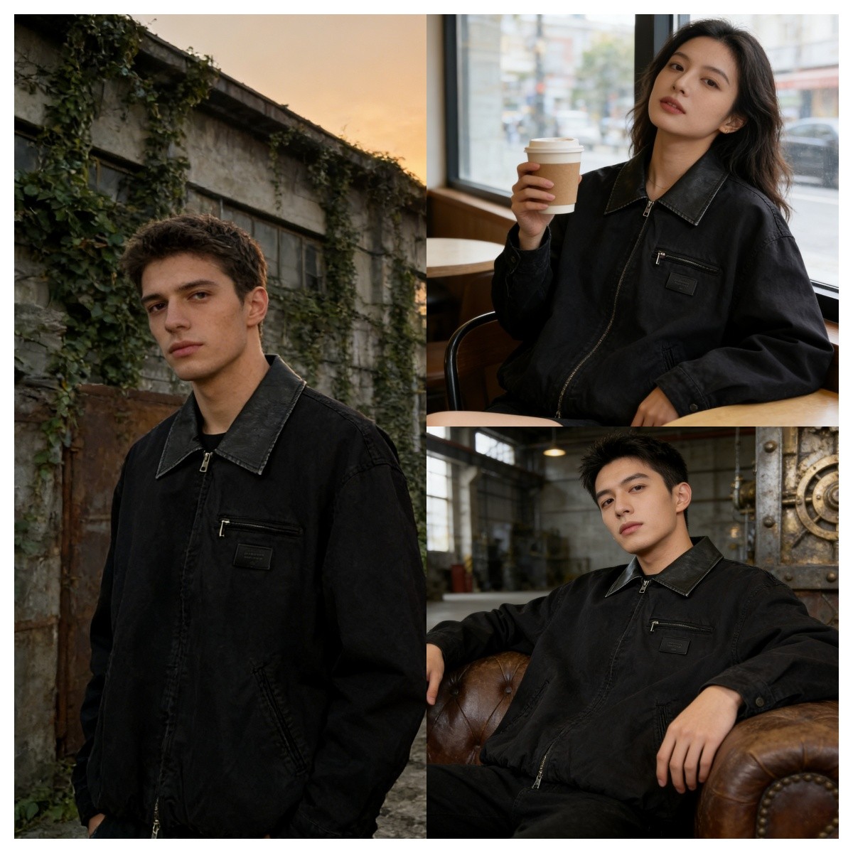 冬季水洗帆布夹克水洗翻领黑紫夹克