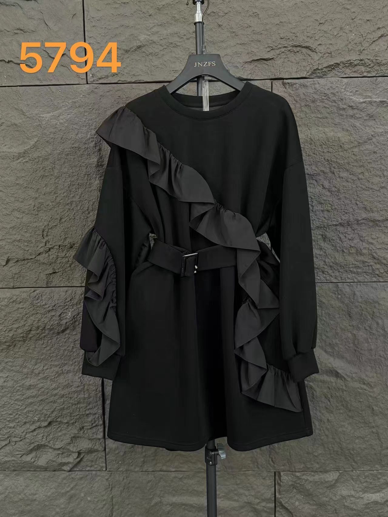 【原创大码设计师款】2025秋季新款斜边花边腰带设计感连衣裙5794