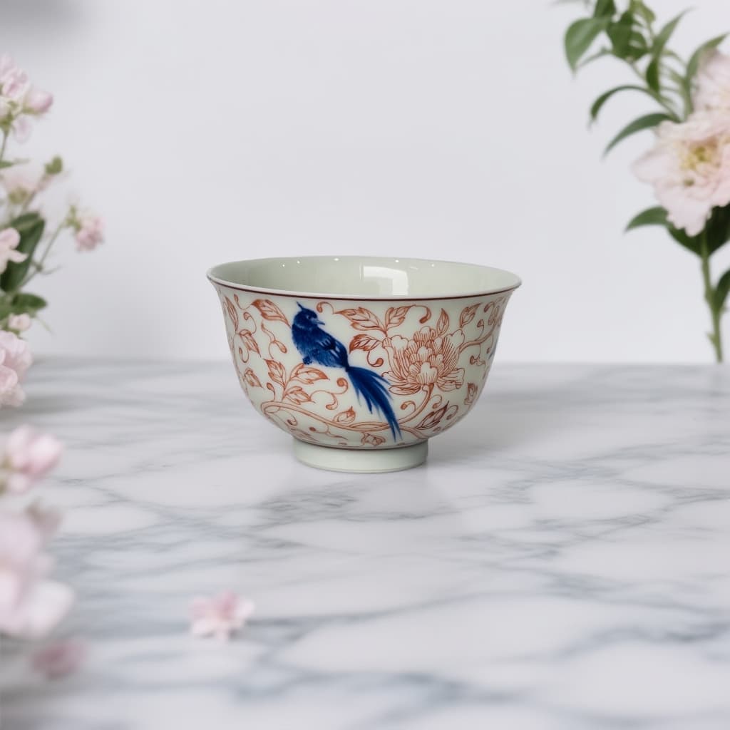 【觀文】红丰窑120ml寿带牡丹杯纯手工手绘景德镇青花瓷