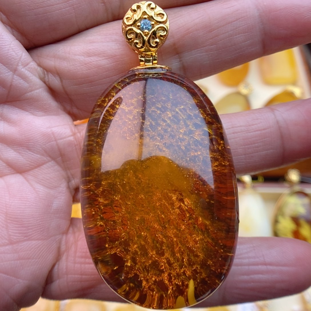 琥珀颈饰银S925镀金镶嵌