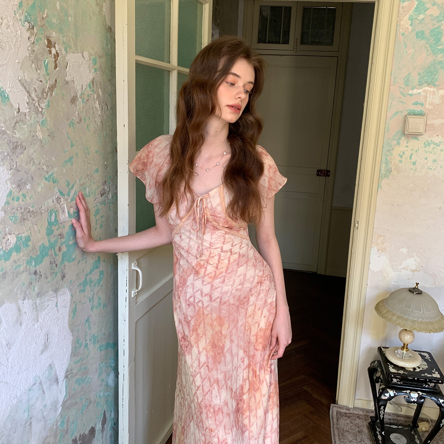 ZHUYIYI 新款薄纱短袖连衣裙女夏收腰显瘦长裙修身简约设计感