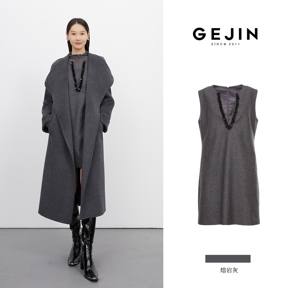 GEJIN/歌锦初冬上新老钱风无袖亮片复古V领时尚连衣裙9412552526