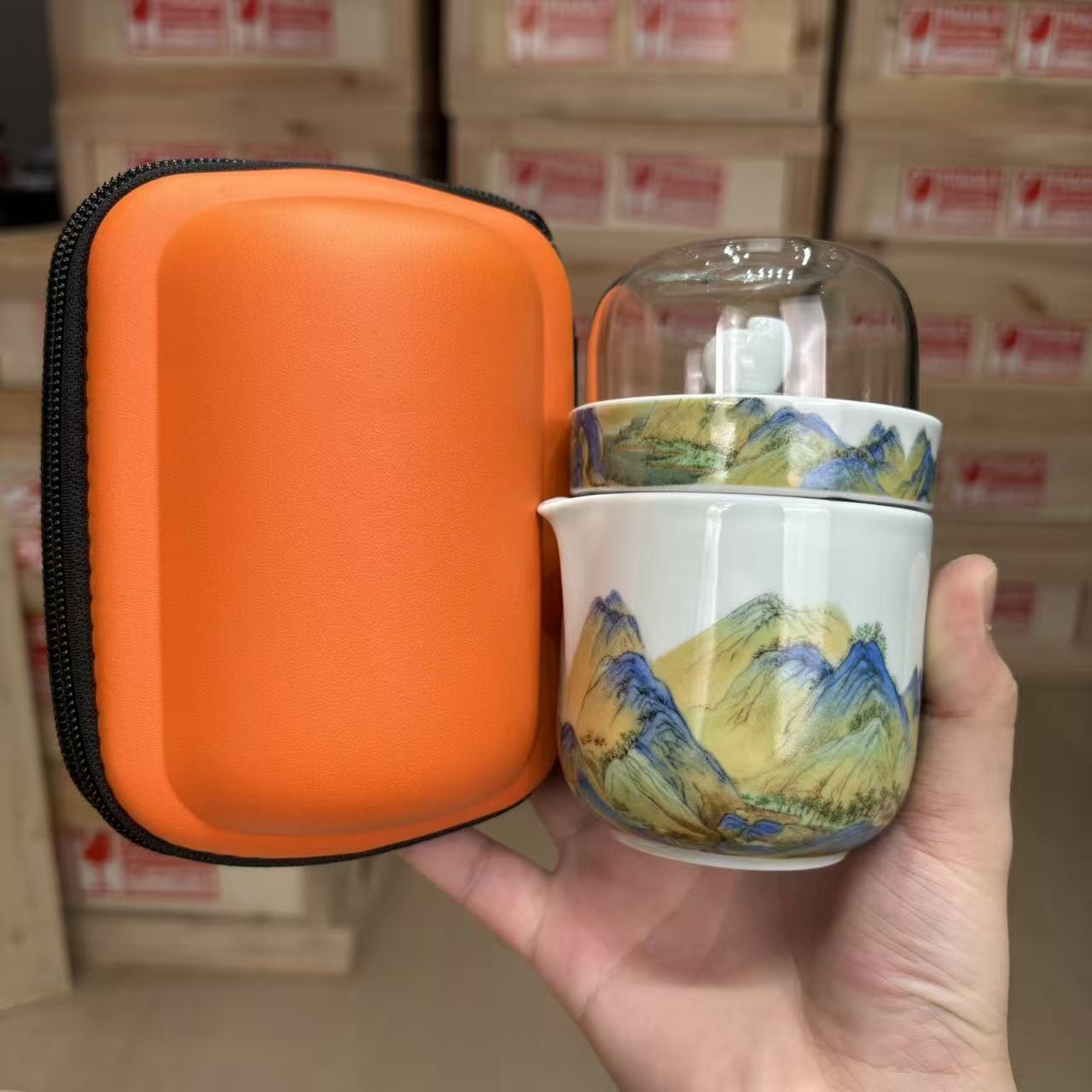 5店  陶瓷茶具旅行成艺千里江山快客一壶三杯 1216