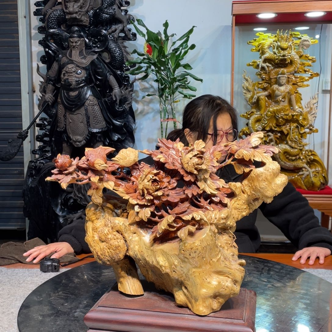 香榧木花乌精品摆件