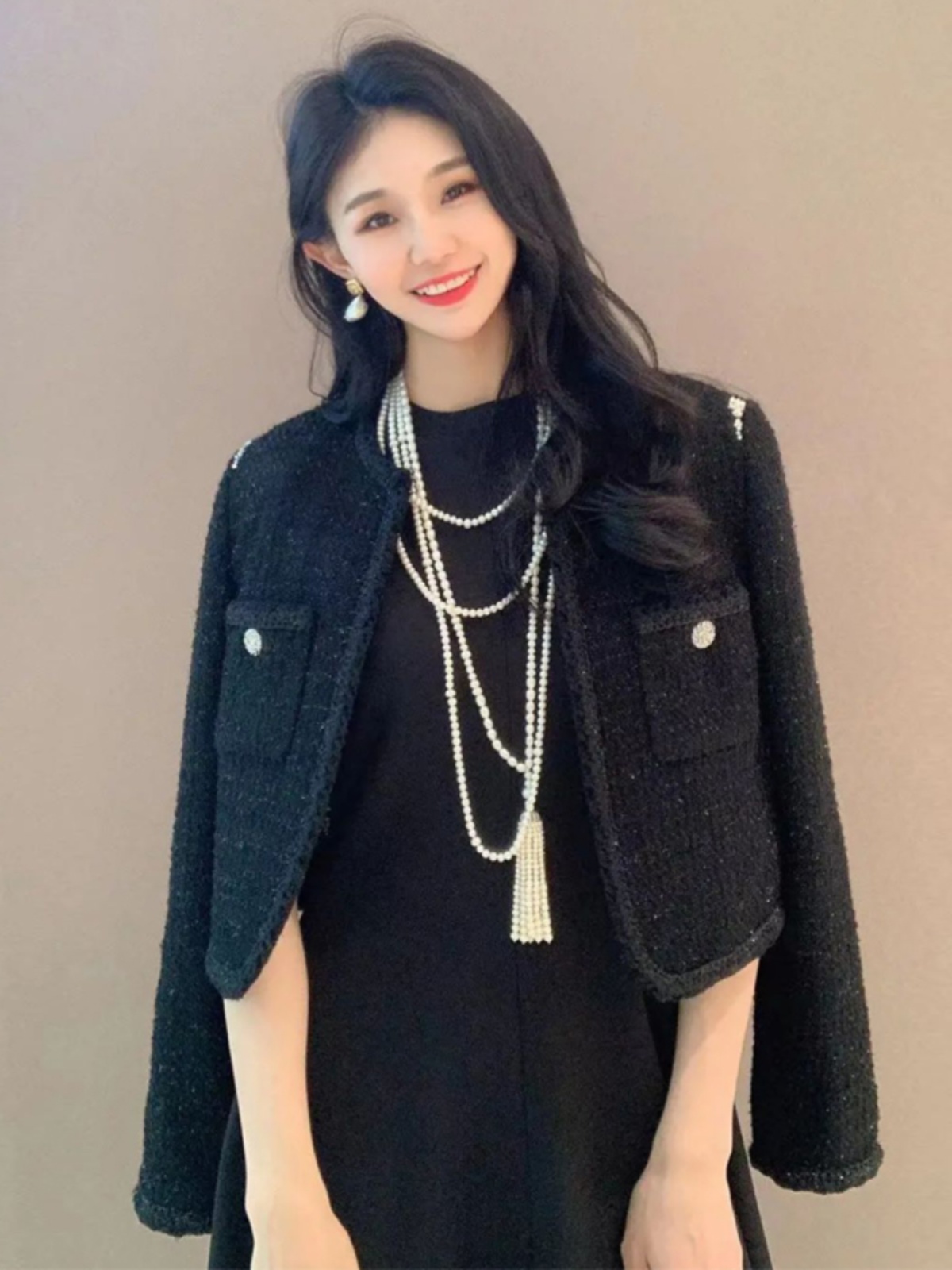 时尚短款短外套女装黑色春季蓝金彩点浮雕小香外套1400668