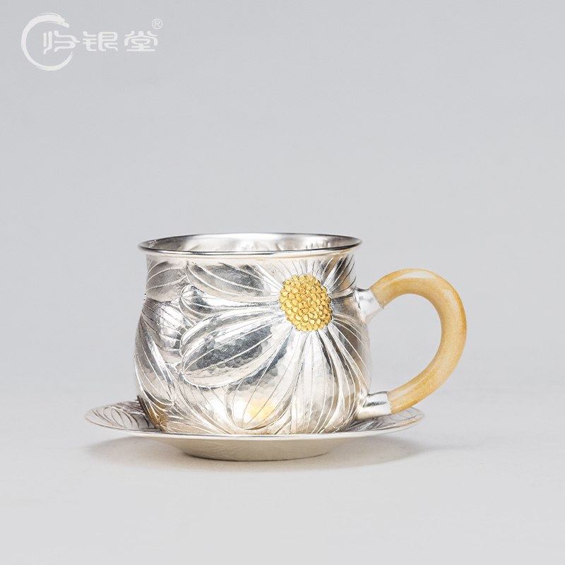 归银堂足银手工水杯金菊咖啡杯茶具家用茶杯套装GS-ZYCB251102